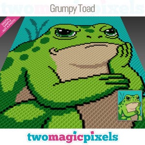 May include: Digital art print of a grumpy green toad, deep in thought, resting its chin on its hand. The toad is set against a teal background with aquatic plants. The words "Grumpy Toad" and "two magic pixels" are displayed.