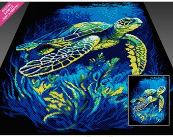 Graceful Sea Turtle 1 crochet graph cross stitch; (c2c, mini c2c, sc, hdc, dc, tss); knitting; PDF download, no counts/ instructions