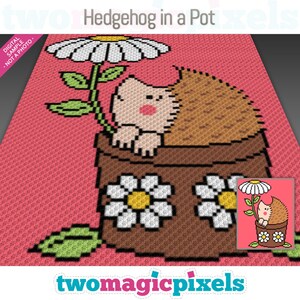 May include: A brown hedgehog with a pink nose is peeking out of a brown flower pot with white daisies. The pot is sitting on a pink background. The hedgehog is holding a white daisy with green leaves.