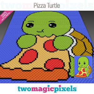 以下が含まれることがあります： 大きな目をした緑色のカメが、赤いペパロニの入ったピザの1切れを食べている。ピザは青い背景の上に置かれている。画像の上部には「Pizza Turtle」というテキストが書かれている。