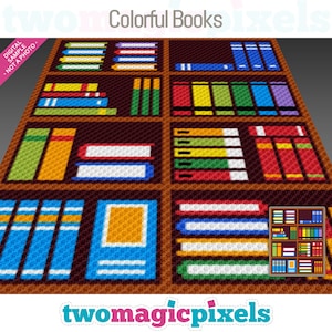 Może przedstawiać: Kolorowy obraz pikselowy przedstawiający bibliotekę wypełnioną książkami w różnych kolorach. Tytuł "Colorful Books" znajduje się w górnej części obrazu. Obraz jest cyfrowym przykładem, a nie fotografią.