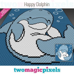 Gráfico de crochet Happy Dolphin (c2c, mini c2c, sc, hdc, dc, tss), punto de cruz, tejido; Descarga en PDF, sin recuentos ni instrucciones.