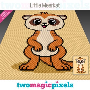 May include: A pixel art pattern of a cute cartoon meerkat with big eyes and a happy expression. The meerkat is standing on a light brown background. The pattern is designed for crocheting.