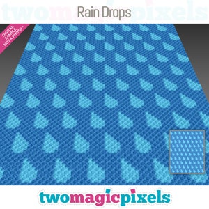 May include: A digital pattern for a crochet project featuring a repeating pattern of blue raindrops on a blue background. The pattern is titled "Rain Drops" and is from the website "twomagicpixels.com".