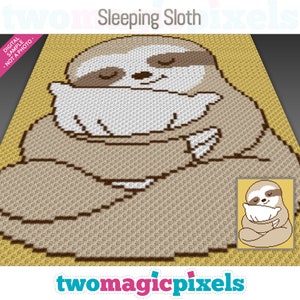 May include: A digital cross-stitch pattern of a brown sloth with closed eyes, hugging a white pillow. The pattern is on a yellow background. The text "Sleeping Sloth" is at the top of the image. The text "twomagicpixels" is at the bottom of the image.