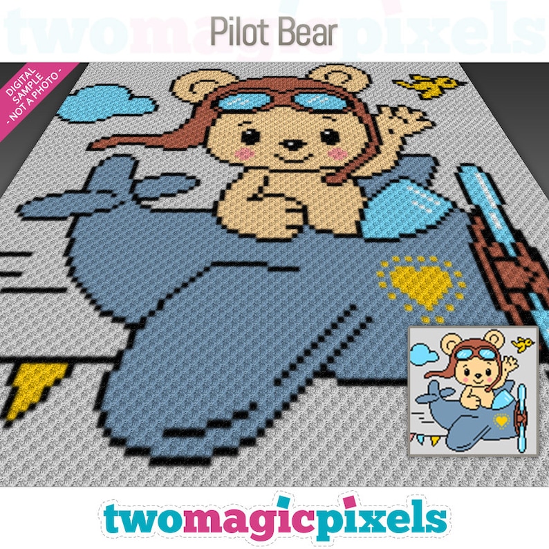 Pilot Bear crochet graph c2c, mini c2c, sc, hdc, dc, tss, cross stitch, knitting PDF download, no counts or instructions image 1
