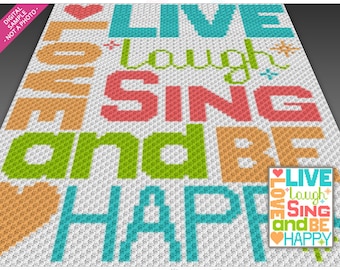 Be Happy crochet graph cross stitch; (c2c, mini c2c, sc, hdc, dc, tss); knitting; PDF download, no counts/ instructions