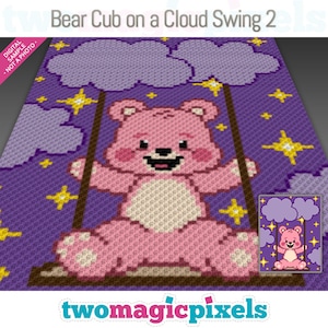 May include: A pink bear cub on a cloud swing with a purple background and yellow stars. The bear is smiling and has a brown nose. The swing is made of brown rope and the clouds are white with a purple outline. The text "Bear Cub on a Cloud Swing 2" is at the top of the image.