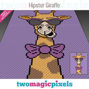 May include: A digital design featuring a pixelated giraffe wearing sunglasses and a purple bow tie. The giraffe is set against a purple background. The words "Hipster Giraffe" are at the top.