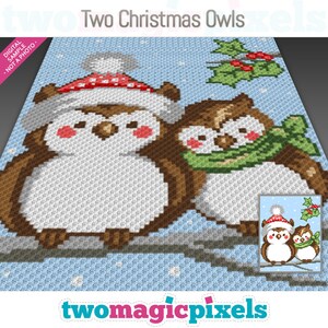 May include: Two brown owls with white bellies, one wearing a red Santa hat and the other a green scarf, are perched on a branch in a snowy scene. The owls are surrounded by white snowflakes and a green holly sprig with red berries. The text "Two Christmas Owls" is at the top of the image.