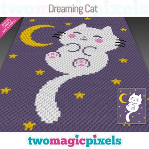 Peut inclure: Un modèle de crochet représentant un chat blanc dormant sous une lune croissante jaune sur un fond violet avec des étoiles jaunes.