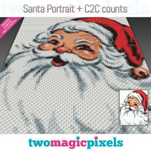 May include: A digital pattern for crocheting a Santa Claus portrait. The pattern is in color and shows a close-up of Santa's face. The pattern includes C2C counts.
