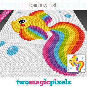 May include: A digital design of a colorful fish with a rainbow tail and fins. The fish is yellow with a rainbow tail and fins. The design includes blue bubbles on a white background. The text "Rainbow Fish" is at the top.