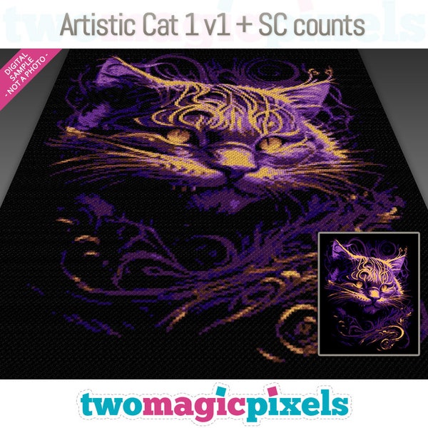 Artistic Cat 1 v1 crochet graph + SC row-by-row counts; instant PDF download