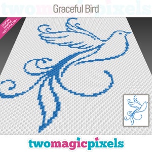 May include: A blue and white pixel art design of a graceful bird with a long tail, titled "Graceful Bird".