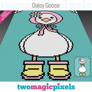 May include: A digital sample of a Daisy Goose design. The image shows a large, pixelated goose wearing a pink bonnet and yellow boots, on a turquoise background. The text "two magic pixels" is at the bottom.