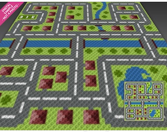 Può includere: Uno schema a uncinetto per una mappa della città con un fiume, case e alberi. Lo schema è in stile pixelato ed è perfetto per la sala giochi di un bambino.