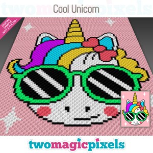May include: A pixel art pattern of a unicorn wearing sunglasses. The unicorn is white with a rainbow mane and tail, a pink flower, and a yellow horn. The background is pink with white stars.