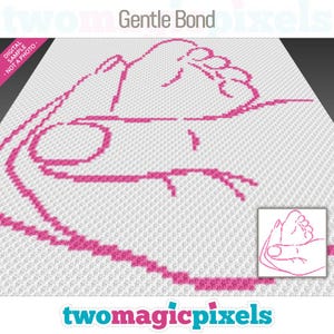 May include: A pink and white pixel art design of a hand holding a baby's foot. The design is titled "Gentle Bond" and is from the website "twomagicpixels.com".