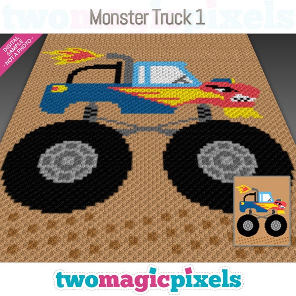 Monster Truck 1 crochet graph cross stitch; (c2c, mini c2c, sc, hdc, dc, tss); knitting;  PDF download, no counts/ instructions