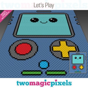 May include: A pixel art crochet pattern of a blue game console with a smiling face on the screen. The console has a red button, a yellow plus button, and a blue circle button. The text "Let's Play" is at the top of the image.