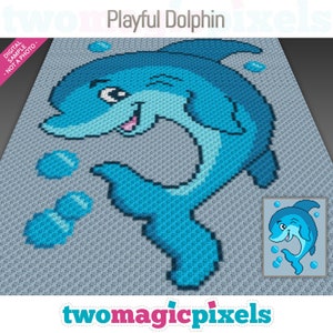 Könnte beinhalten: Ein Häkelmuster für einen verspielten blauen Delfin, der mit Blasen aus dem Wasser springt. Das Muster heißt "Playful Dolphin" und stammt von der Website "twomagicpixels.com".
