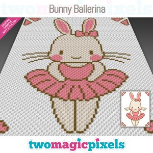 May include: A crochet pattern featuring a white bunny wearing a pink tutu and a pink bow. The pattern is called "Bunny Ballerina" and is from the website "twomagicpixels.com".