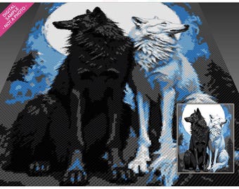 May include: Digital art print featuring two wolves, one black and one white, set against a blue and gray background with a full moon. The text "Artistic Moon Wolves" and "two magic pixels" are displayed.