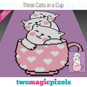 Three Cats in a Cup crochet graph cross stitch; (c2c, mini c2c, sc, hdc, dc, tss); knitting; PDF download, no counts/ instructions