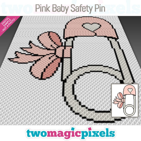 Pink Baby Safety Pin crochet graph cross stitch; (c2c, mini c2c, sc, hdc, dc, tss); knitting;  PDF download, no counts/ instructions
