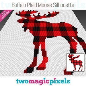May include: A digital cross-stitch pattern of a moose silhouette in a red and black buffalo plaid design. The pattern is for a craft project and is not a photograph.