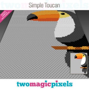 May include: A pixel art pattern of a toucan with a large orange beak, black head, and white chest. The toucan is perched on a branch. The pattern is on a gray background.