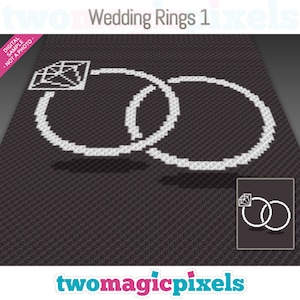 Peut inclure: Une conception d'art pixelisé en noir et blanc de deux alliances entrelacées. Les anneaux sont blancs et l'arrière-plan est noir. Le texte "Wedding Rings 1" est en haut de l'image.