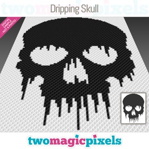 May include: Black and white pixel art of a dripping skull. The skull is black with white eyes and teeth. The dripping effect is created by black lines extending from the bottom of the skull.