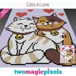 May include: A pixel art crochet pattern featuring two cats in love. The cats are white and brown with orange accents. They are hugging and surrounded by red hearts. The pattern is titled "Cats in Love" and is from the website "twomagicpixels.com".