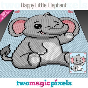 May include: A digital cross-stitch pattern of a cute cartoon elephant with a pink ear and a wink. The elephant is sitting on a light blue background with pink hearts. The pattern is titled "Happy Little Elephant" and is from the website "twomagicpixels.com".