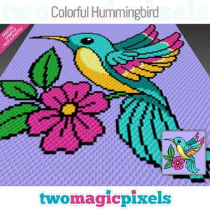 Puede incluir: Un patrón de arte de píxeles colorido de un colibrí con un cuerpo amarillo, alas azules y detalles rosas, posado en una flor rosa con hojas verdes. El fondo es de color morado claro.