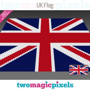 May include: A pixel art design of the UK flag. The flag is made up of red, white, and blue squares. The design is a digital sample, not a photo.