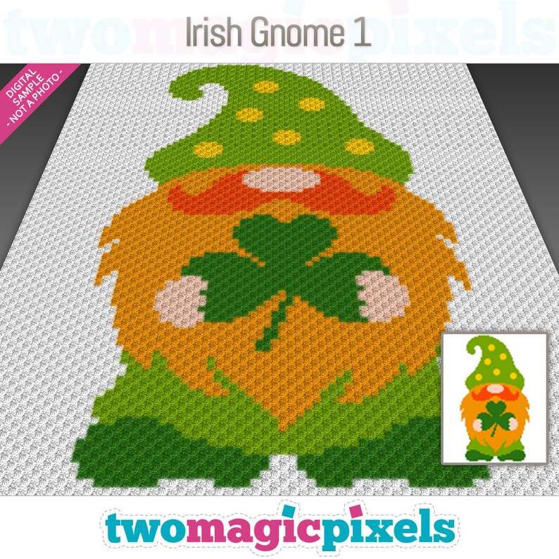May include: A crochet pattern for an Irish gnome with a green hat, orange beard, and a shamrock. The pattern is in the form of a pixelated image.