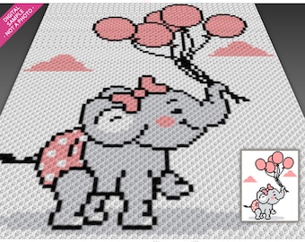 Balloon Elephant Girl crochet graph cross stitch; (c2c, mini c2c, sc, hdc, dc, tss); knitting; PDF download, no counts/ instructions