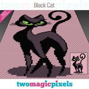Puede incluir: Patrón de crochet de gato negro con ojos verdes. El patrón está sobre un fondo rosa. La imagen incluye el texto "Black Cat" y "twomagicpixels".