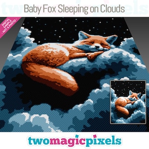 Bébé renard dormant sur les nuages crochet graphique (c2c, mini c2c, sc, hdc, dc, tss), point de croix, tricot ; Téléchargement PDF, sans décompte ni instructions