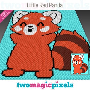 May include: A pixel art crochet pattern of a red panda with a light blue background. The red panda is smiling and has its arms raised. The pattern is titled "Little Red Panda".