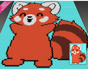 Little Red Panda crochet graph cross stitch; (c2c, mini c2c, sc, hdc, dc, tss); knitting; PDF download, no counts/ instructions