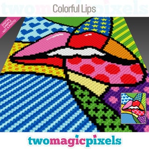 May include: Colorful pixel art of a pair of lips with a pop art style. The lips are red, pink, and white with a yellow, green, blue, and purple background.