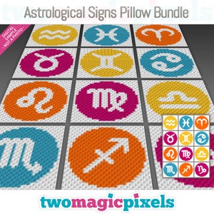 Paquete de almohadas de signos astrológicos; tejer; tejido de punto; c2c, punto de cruz; grafico; Descargar PDF; sin recuentos escritos ni instrucciones fila por fila
