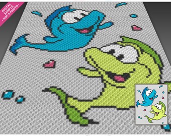 Playful Fish crochet graph (c2c, mini c2c, sc, hdc, dc, tss), cross stitch, knitting; PDF download, no counts or instructions