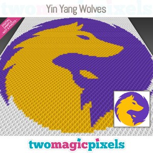 May include: A pixel art design of a yin yang symbol with two wolf heads facing each other. The left wolf head is yellow and the right wolf head is purple. The background is white.