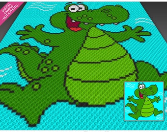 Mr Alligator crochet graph; cross stitch; (c2c, mini c2c, sc, hdc, dc, tss); knitting; PDF download, no counts/ instructions