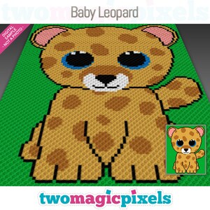 May include: A digital pixel art pattern of a baby leopard with brown spots on a green background. The pattern is for crocheting.